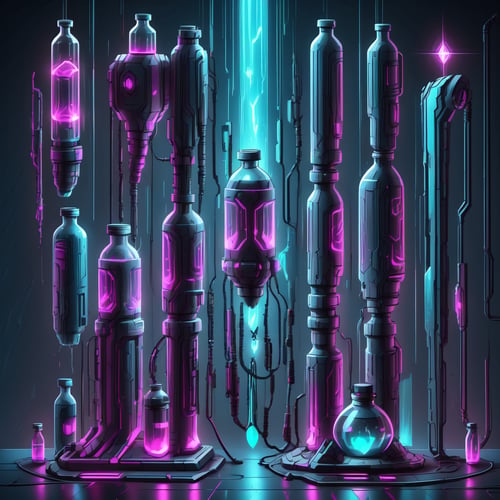 Array of cyberpunk style advanced technology potion bottles, Each item is an independent entity, Arranged in 2D game prop style, No overlapping, Solid gray-black background for easy clipping, High quality, Detailed, 2D style, Game asset, Each potion bottle has unique design, Cyberpunk aesthetics ,Crystal style,Cyberpunk,Holy light