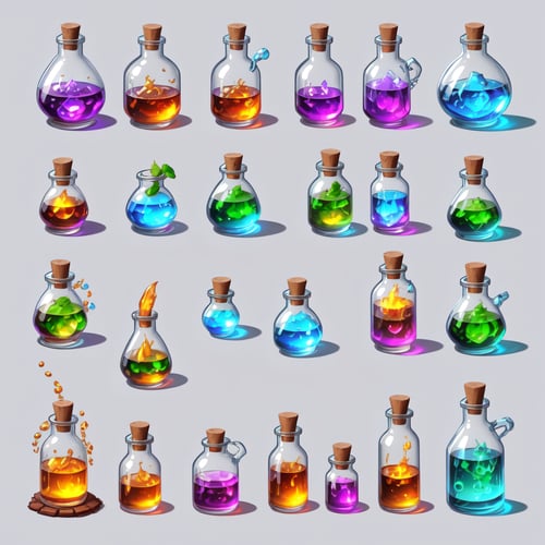 Array of magical world style potion bottles in pixel art, Each item is an independent pixelated entity with high-tech magic stoppers, Arranged in 2D pixel game prop style, No overlapping, Solid gray-black background for easy clipping, High quality, Detailed, Pixelated, Each potion bottle features a unique pixel design with Western fantasy aesthetics,medicine bottle,Crystal style,Crystal game props