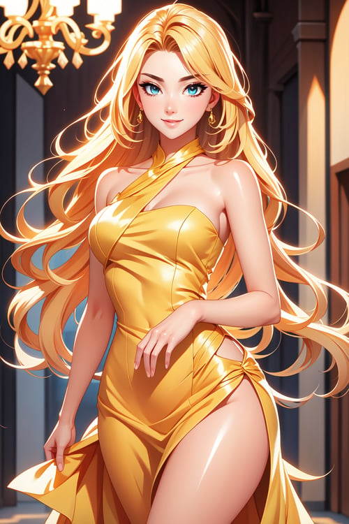 Pretty and beautiful woman. She wears a very expensive golden strapple dress. She is a very badass. Hyperdetailing masterpiece, hyperdetailing skin, masterpiece quality, with 4k resolution. Tender gaze. Very long hair, himecut hairtyle, blonde hair. Green eyes. She is smiling. Luxurious hotel corridor in background. beautiful and shiny skin, beautiful and detailed eyes, beautiful and detailed outfit. Detailed hands. Beautiful adbomen. proportional body.
