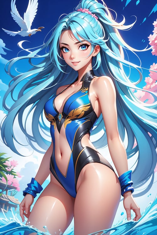 Pretty and beautiful girl. She wears a very fancy two-piece suimsuit. She is a very badass. Hyperdetailing masterpiece, hyperdetailing skin, masterpiece quality, with 4k resolution. Tender gaze. Long hair, light blue hair. Beautiful eyes. She is smiling. Beach in background. beautiful and shiny skin, beautiful and detailed eyes, beautiful and detailed outfit. Detailed hands. Beautiful adbomen. proportional body.,Colors,Vivid Colors