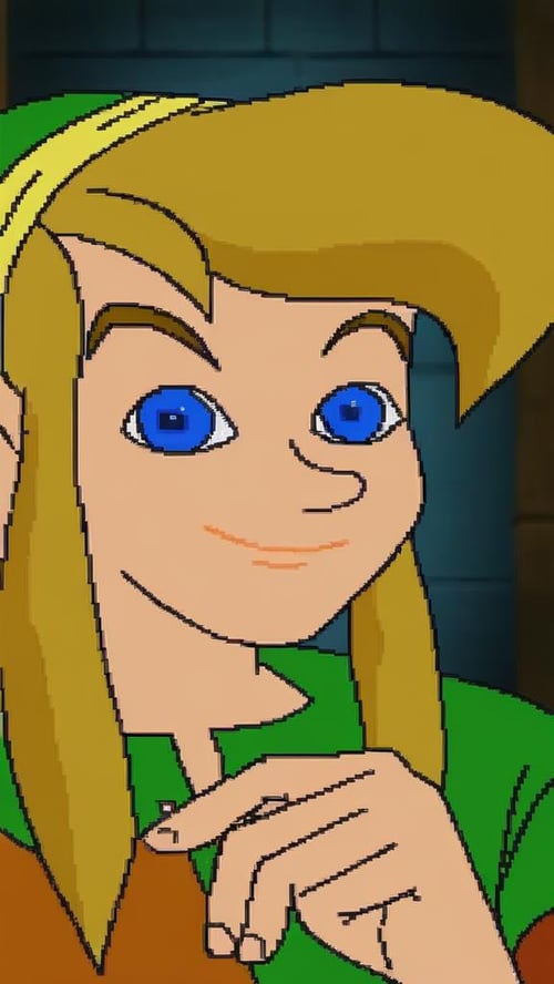 indoors, 2D, flat shading, flat color, jaggy lines, 1boy, solo, link, legend of zelda, looking at viewer, portrait, smile, closed mouth, green tunic, brown shirt <lora:cdi_pdxl_:0.75>