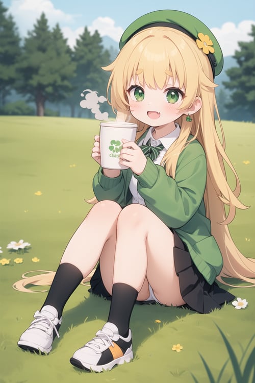 St. Patrick's Day, celts, Clover, formal hat, 1girl, long_hair, skirt, hat, green_eyes, green_jacket, earrings, open_mouth, smile, jewelry, orange_hair, green_skirt, long_sleeves, jacket, grass, sitting, cup, holding, mug, green_shirt, holding_cup, flower, very_long_hair, :d, looking_at_viewer, green_legwear, solo, wavy_hair, shoes, socks, disposable_cup, blush, full_body, beret, parted_bangs, black_skirt, dog, green_sweater, sneakers, curly_hair, animal, thick_eyebrows, cardigan, steam, messy_hair, striped, fang