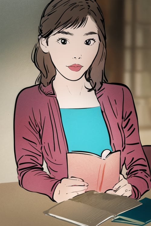 1girl,read a book,YunQiuStyleColor,lineart