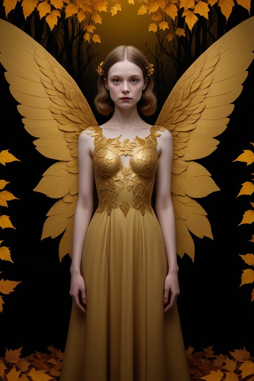 (Cinematic Photo:1.3) of (Ultra detailed:1.3) a woman in a golden dress is standing with wings in the background, in the style of patty maher, richard phillips, detailed foliage, symmetrical compositions, bright and bold color palette, petrina hicks, halloween,Highly Detailed
,<lora:659095807385103906:1.0>