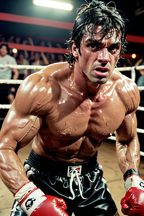 color photo of Rocky, a rugged and determined boxer with a chiseled physique that speaks of unwavering strength and resilience. His sweat-drenched muscles glisten under the harsh gym lights, showcasing the intense dedication and countless hours of training he has poured into his craft. Rocky's piercing gaze is focused, his eyes filled with a fiery determination that burns deep within his soul. Beads of sweat trickle down his furrowed brow, evidence of the grueling physical exertion he endures. The gym is a gritty and raw environment, filled with the sounds of heavy bags being pummeled and the rhythmic thuds of punches landing on speed bags. The atmosphere is electric, charged with the anticipation of a relentless fight. The camera used is a vintage 35mm film camera, providing a nostalgic and gritty aesthetic that perfectly captures the essence of Rocky's unforgiving journey. The film used is a high-speed black and white film, emphasizing the stark contrasts and adding a timeless quality to the image. The lens chosen is a wide-angle lens, allowing the viewer to immerse themselves in the intensity of the scene, capturing every drop of sweat and every ounce of determination etched on Rocky's face. In an unlikely collaboration, the photo is captured by renowned director Quentin Tarantino, known for his unique storytelling and bold visual style, bringing his distinct flair to Rocky's gritty world. The cinematography is handled by Emmanuel Lubezki, a master of capturing raw emotions through his innovative camera techniques, elevating the intensity of Rocky's struggle. The photo is taken while Rocky is wearing a custom-designed boxing attire by Thom Browne, blending classic elegance with a touch of rugged masculinity. The resulting image is a powerful portrayal of the indomitable spirit of Rocky, showcasing his unwavering determination in the face of adversity