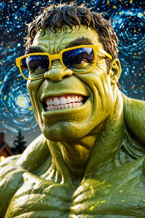 yellow glasses,a photo of a (( very blurry hulk)) in sunglasses,grin,starry night,
