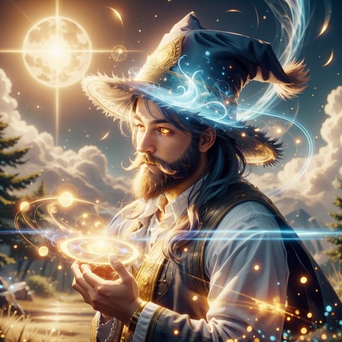 <lora:HolyMagic:0.8>, holymagic , fantasy, divine aura,  magical energy,debris, wizard casting a spell, at the forest , beard, glowing eyes,glowing eyes, wizard hat, night summer sky, full moon, face closeup, 