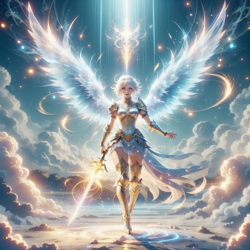 <lora:HolyMagic:0.8>, holymagic , fantasy, divine aura,  magical energy, 1girl, glowing hair, glowing eyes, fantasy, dissolving, wrath, full body, female, (knight:1.1) , enchanted armor , enchanted sword , greatsword,