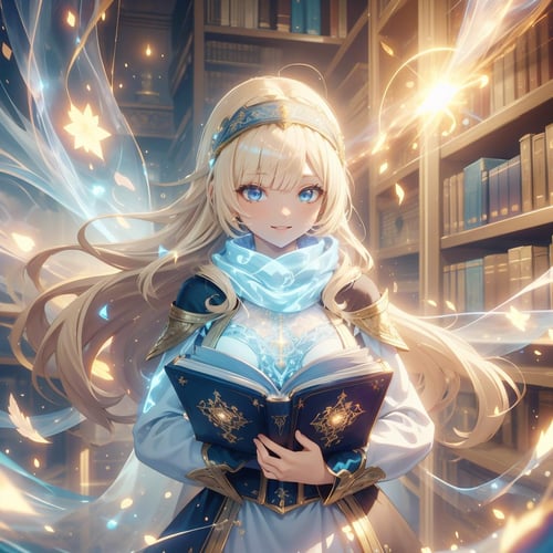 <lora:HolyMagic:0.8>, holymagic , fantasy, divine aura,  magical energy, transparent, motion blur, curvy, big breasts, blue eyes, blonde hair, long hair, blunt bangs, hair over one eye, headband, kind smile, earnest, cape, circlet, bohemian dress , scarf, belt, 1girl, holding a AcidMagic book, eerie dark magical library ,