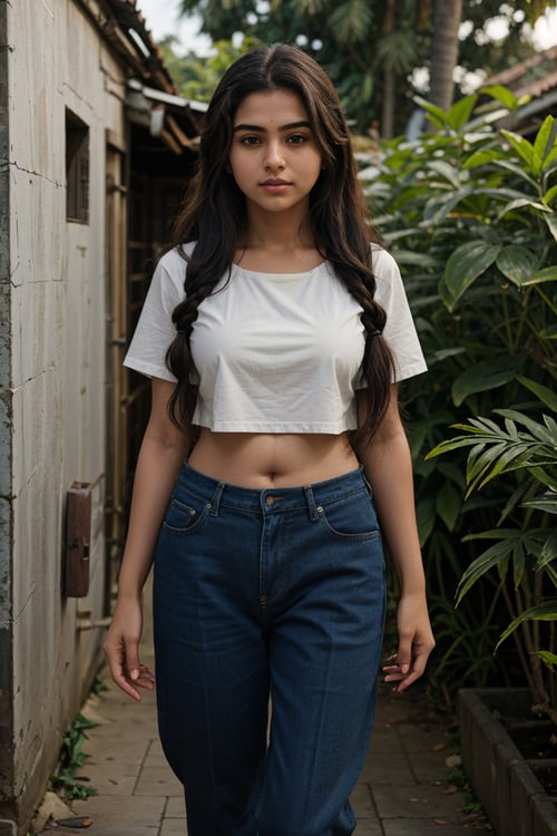1girl, Kerala beautiful women 18 years old, solo, long hair, brown hair, shirt, t  shaped navel, outdoors, pants, sandals, denim, jeans,  photo background,18 year old,  twin tail ponytail:2, braided hairThis breathtaking photograph, shot on a Canon 1DX with a 50 mm f/2.8 lens, beautifully showcases the raw and authentic beauty of life. high resolution 8k image quality,