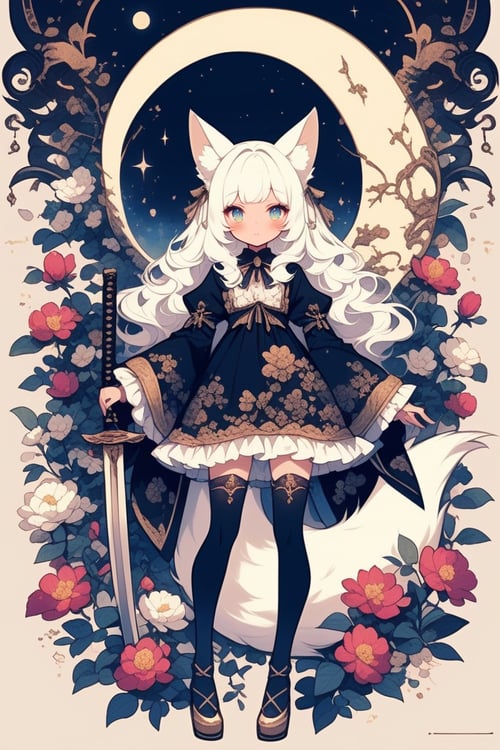 dal-5, 1girl, solo, long hair, looking at viewer, blush, blue eyes, blonde hair, long sleeves, dress, thighhighs, holding, animal ears, closed mouth, very long hair, standing, green eyes, tail, full body, white hair, flower, weapon, outdoors, frills, sky, puffy sleeves, black thighhighs, cloud, sword, wide sleeves, holding weapon, black dress, animal ear fluff, zettai ryouiki, fox ears, fox tail, wavy hair, floral print, short dress, frilled dress, moon, white flower, fox girl, red flower, full moon, lolita fashion
