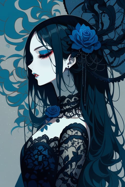 dal-4, 1girl, solo, long hair, black hair, hair ornament, upper body, closed eyes, flower, parted lips, choker, hair flower, from side, eyelashes, black choker, profile, makeup, rose, pale skin, lace trim, eyeshadow, lace, blue flower, blue theme, blue rose, black flower, lace choker
