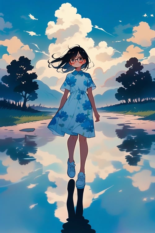dal-6, 1girl, solo, blush, black hair, dress, closed mouth, full body, short sleeves, outdoors, sky, shoes, glasses, day, cloud, white dress, water, black eyes, blue sky, floating hair, white footwear, floral print, cloudy sky, sneakers, reflection, walking, black-framed eyewear, print dress
