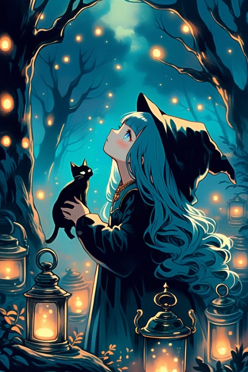 dal-8, 1girl, solo, long hair, blush, blue eyes, long sleeves, dress, hat, holding, jewelry, upper body, outdoors, blunt bangs, necklace, black dress, from side, tree, black headwear, profile, night, witch hat, glowing, animal, wavy hair, cat, looking up, nature, light particles, halloween, lantern, witch, black cat, too many
