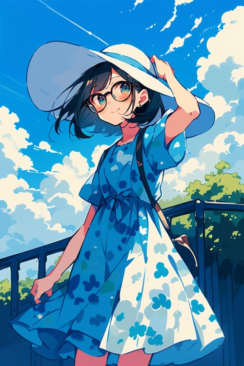 dal-6, 1girl, solo, looking at viewer, blush, smile, short hair, black hair, dress, hat, closed mouth, standing, white hair, short sleeves, outdoors, cowboy shot, sky, glasses, day, cloud, wide sleeves, bag, from side, arm up, blue sky, blue dress, white headwear, cloudy sky, wind, black-framed eyewear, sun hat, shoulder bag, handbag, hand on headwear, print dress
