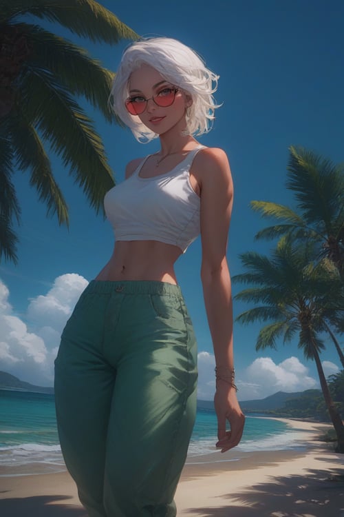 score_9, score_8_up, score_7_up, ((solo)), 1girl, pinup girl pose, a woman stands on the beach at sunset, ((long white hair)), sidelocks, (white tank top, baggy olive-green harem pants), green and purple sunglasses, background sunset beach palm tree, background Clouds, looking at viewer, score_9,score_8_up,score_7_up,very aesthetic ,(masterpiece:1.4), (best quality), (colorful), (detailed) dramatic angle, unique perspective, unique angle, comic book angle and perspective, wide angle, Expressiveh