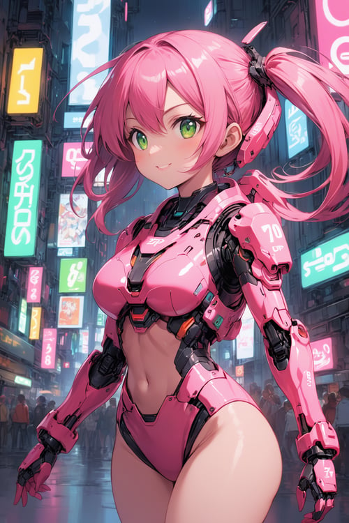 score_9, score_8_up, score_7_up, score_6_up, score_5_up, score_4_up, 
Source_Anime, Source_Japanese anime, Source_Pro anime, 
1girl, solo, ovely mecha girl, futuristic cute suit, neon pink and green accents, joyful expression, petite build, lively urban scene, soft and shiny hair, detailed accessories, FuturEvoLab-lora-mecha, 