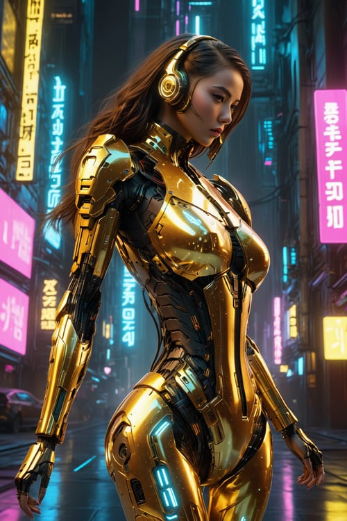 score_9, score_8_up, score_7_up, score_6_up, score_5_up, score_4_up, cyberpunk theme, golden armored female, neon-lit cityscape, high-tech aesthetics, reflective gold surfaces, night-time urban setting, vibrant color palette, dynamic action pose