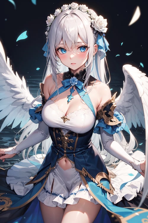 (masterpiece), 1girl mature, seraphim, white, light blue, white rose hair ornament, long hair, caring and gentle expression, azure blue eyes,
