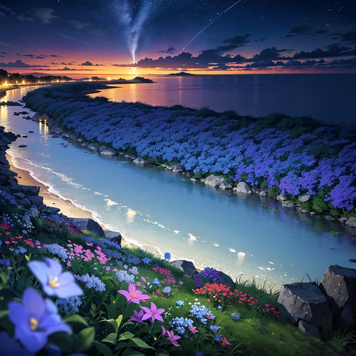 beautiful night sky, purple galax, ocean, grass, from cliff edge, blue flowers, (bioluminesence), (Darkened), blurry_foreground  