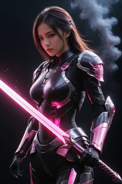 (ultra realistic,best quality),photorealistic,Extremely Realistic, in depth, cinematic light,mecha\(hubggirl)\,

side view of one girl wearing black sci-fi body armor, holding a glowing pink sword downwards, dynamic poses, dark background, smoke effects, 
dark background, particle effects, 

perfect hands, perfect lighting, vibrant colors, 
intricate details, high detailed skin, 
intricate background, realism, realistic, raw, analog, taken by Canon EOS,SIGMA Art Lens 35mm F1.4,ISO 200 Shutter Speed 2000,Vivid picture,