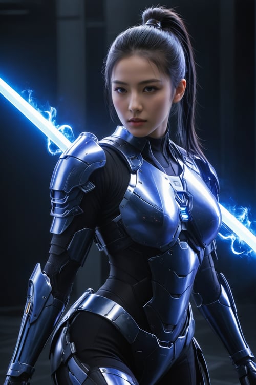 (ultra realistic,best quality),photorealistic,Extremely Realistic, in depth, cinematic light,mecha\(hubggirl)\,

front view of one girl with black ponytail hair wearing black sci-fi body armor, holding two glowing blue swords downwards with both hands, dynamic poses, 
dark background, particle effects, 

perfect hands, perfect lighting, vibrant colors, 
intricate details, high detailed skin, 
intricate background, realism, realistic, raw, analog, taken by Canon EOS,SIGMA Art Lens 35mm F1.4,ISO 200 Shutter Speed 2000,Vivid picture,