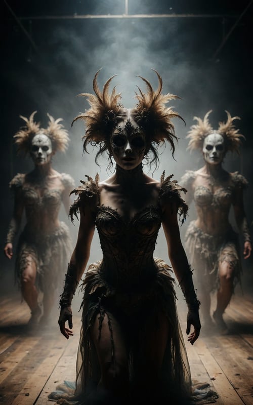 A performance art piece featuring a troupe of avant-garde dancers clad in elaborate costumes and masks, moving in synchronized yet erratic movements that evoke a sense of primal energy and raw emotion, leaving viewers mesmerized and disturbed by the visceral intensity of the performance. 
masterpiece, award winning artwork
 