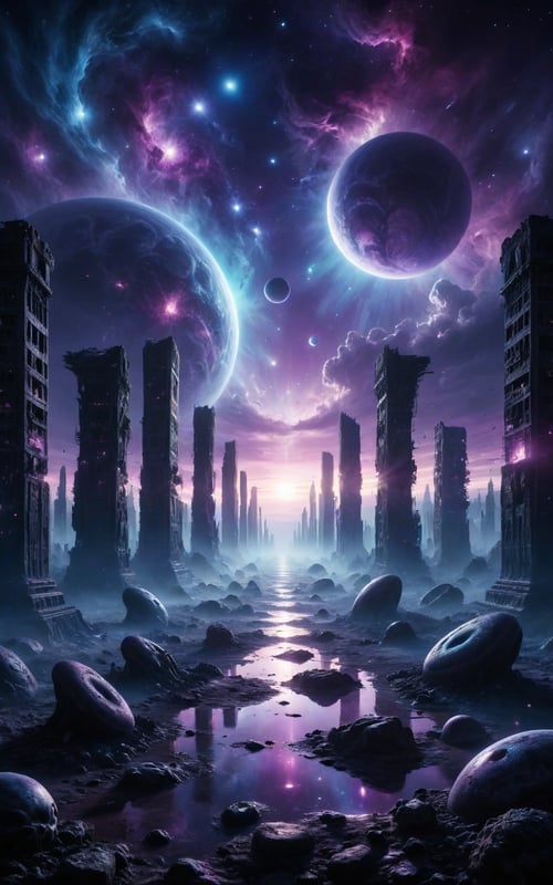 A view inside a mirror filled with multiverse, alien civilizations, ancient civilization, future civilization dramatic lighting, concept art, night time, purple and blue sky in the sky  