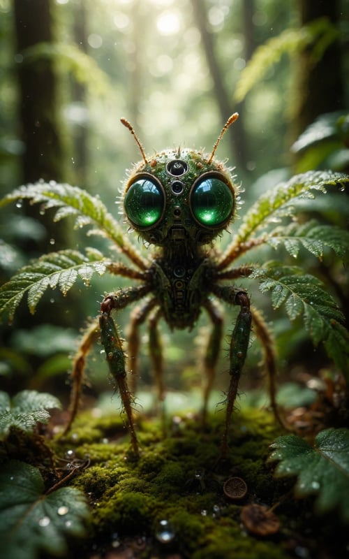 In a tilt-shift, macro-photographed scene with a shallow depth of field, a tiny, iridescent robotic insect, its body a mesmerizing mosaic of microscopic mirrors and gears, perches on the velvety, emerald-green edge of a dew-kissed leaf, surrounded by a constellation of glistening, crystal-like droplets that refract and reflect the soft, golden light filtering through the forest canopy above, amidst a tapestry of intricate, lace-like ferns and moss-covered twigs, with the blurred, bokeh-rich background a warm, earthy blend of umber, sienna, and olive hues.