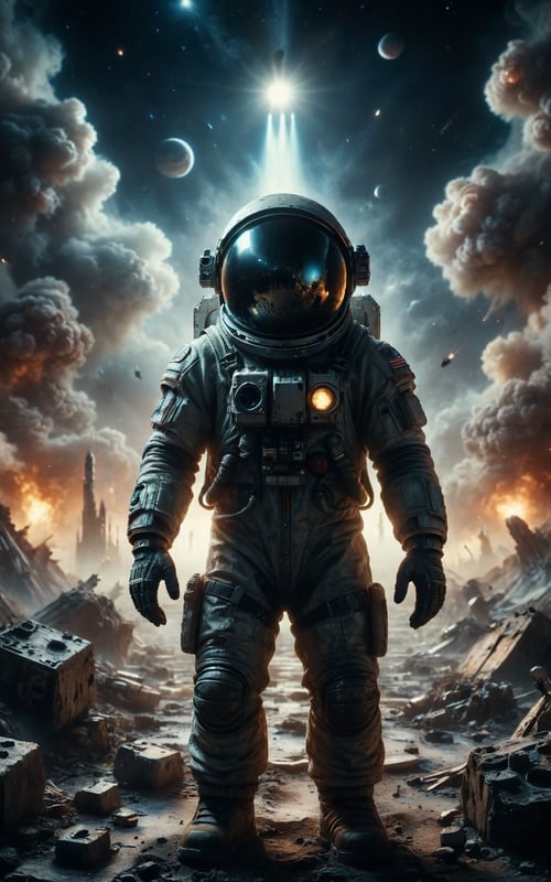 collision style, impact, Closeup, thumb-up, an astronaut on an alien planet looking into the camera, in the background a mighty rocket rises into orbit. thumb up pose,
very detailed, hd, RAW photograph, masterpiece, top quality, best quality, official art,highest detailed, atmospheric lighting, cinematic composition, complex multiple subjects, 4k HDR, vibrant, highly detailed, Leica Q2 with Summilux 35mm f/1.2 ASPH, Ultra High Resolution, wallpaper, 8K, Rich texture details, hyper detailed, detailed eyes, detailed background, dramatic angle, epic composition, high quality , (8k, RAW photo, highest quality), hyperrealistic,