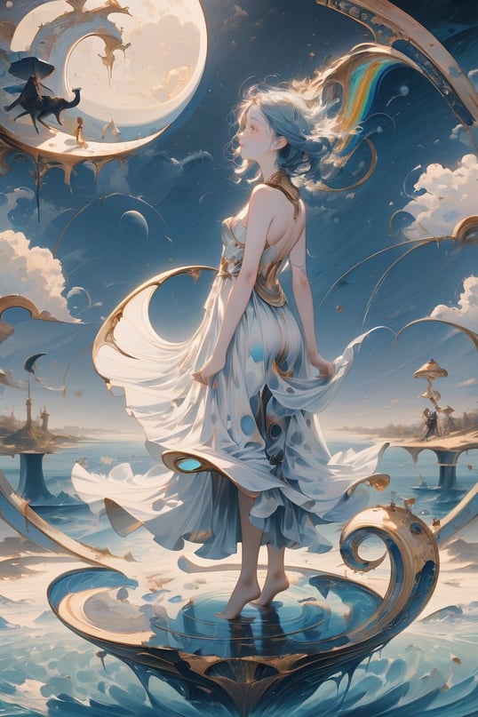 Art Nouveau style, Pale blue and white dressed girl standing on a fantasy crescent moon and meditating over the sea. Golden line, liquid silver, liquid rainbow, art on a cracked paper, ink paint. Whimsical art, pop surrealism, inspired by Gabriel Pacheco and Michael Cheval. Masterpiece, bizarre, hyper detailed, diaphanous,
