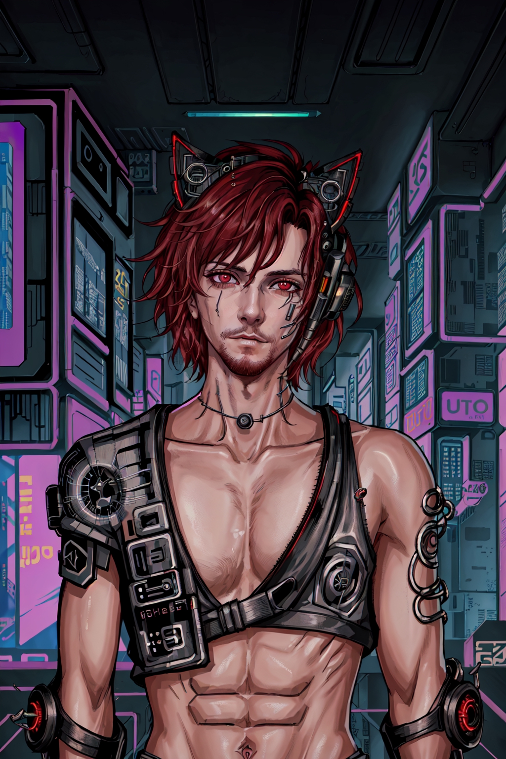 Cyberpunk anime character with red hair and cat ears