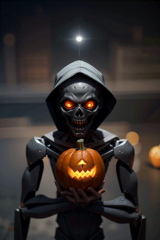 A small humanoid character with a pumpkin as his head, terrifying, terror, natta, Dark, Autumn weather, farm
