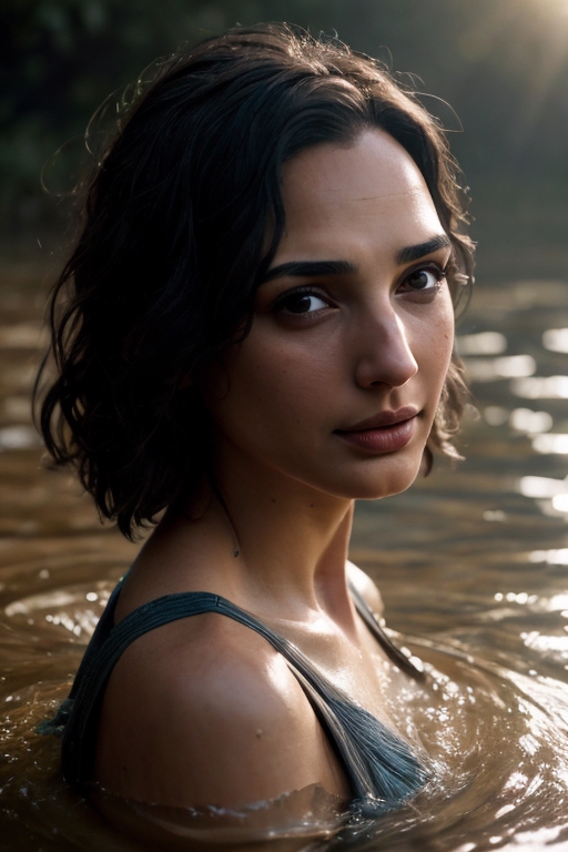 gal gadot,close up portrait of a cute woman (gal gadot) bathing in a river, reeds, (backlighting), realistic, masterpiece, highest quality, lens flare, shade, bloom, [[chromatic aberration]], by Jeremy Lipking, by Antonio J. Manzanedo, digital painting