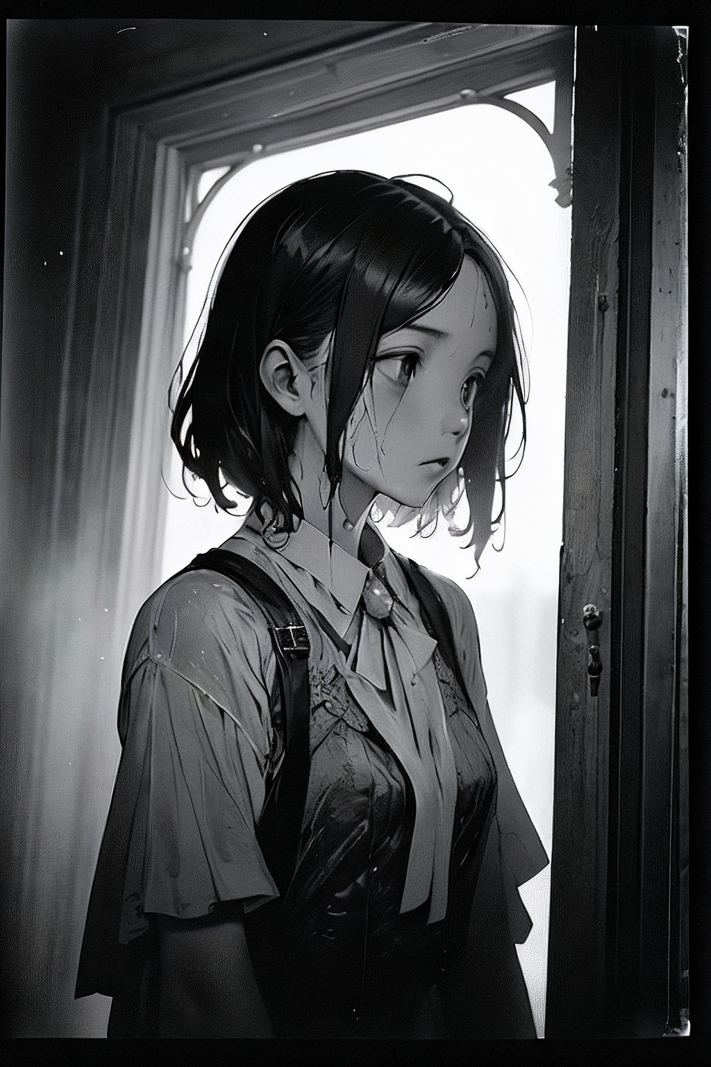 anime visual of a girl with short hair, dark atmosph