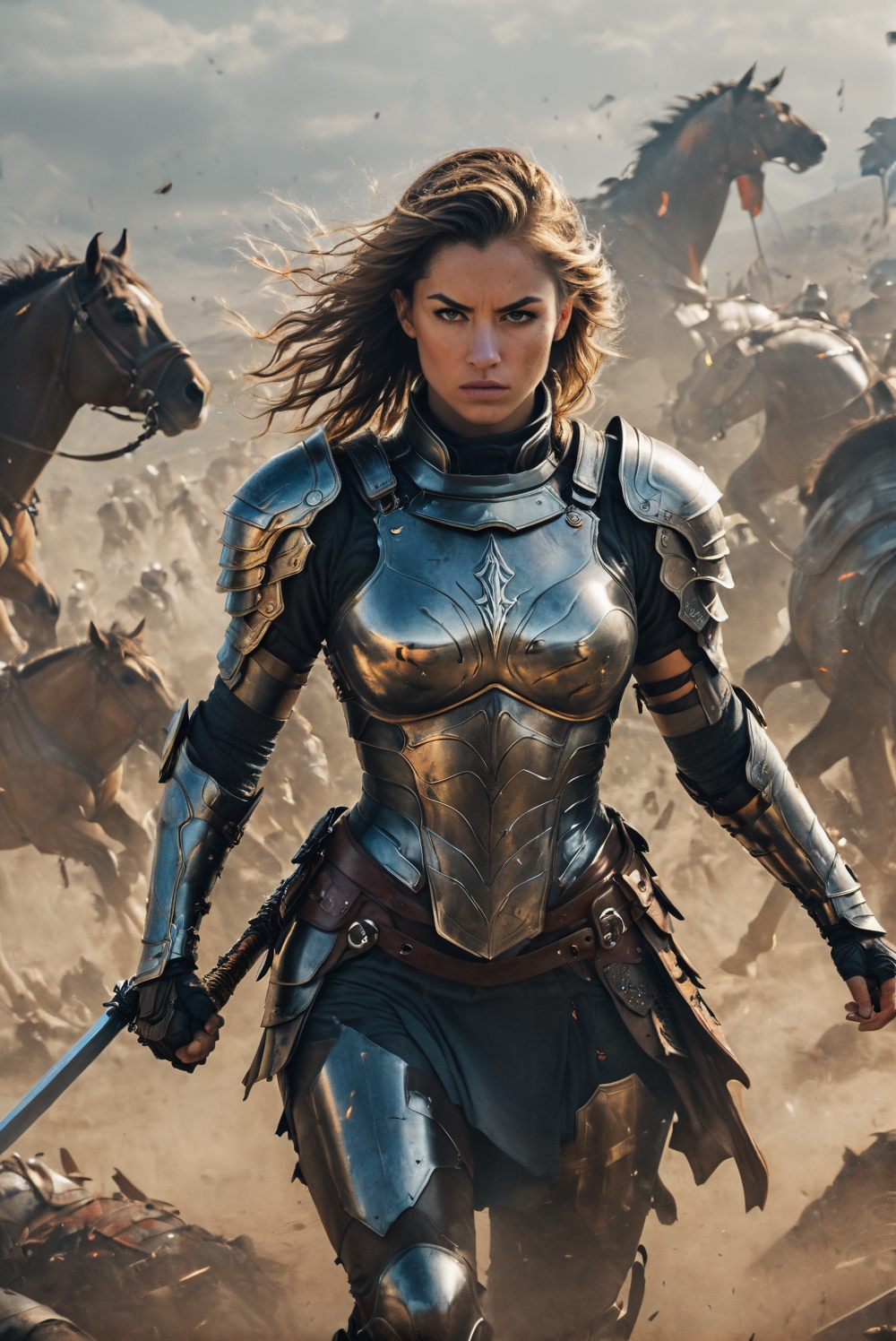 A fierce and beautiful female warrior standing in a battlefield. She is wearing a full suit of armor, including a helmet, chest plate, and greaves. She is wielding a sword in one hand and a shield in the other. Her hair is flowing in the wind and she has a determined look on her face. The background is a chaotic battlefield with soldiers fighting and horses rearing.,cyberpunk style