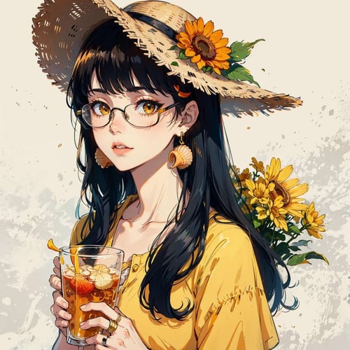 Cute blond anime girl in a big straw hat holding a sunflower in a