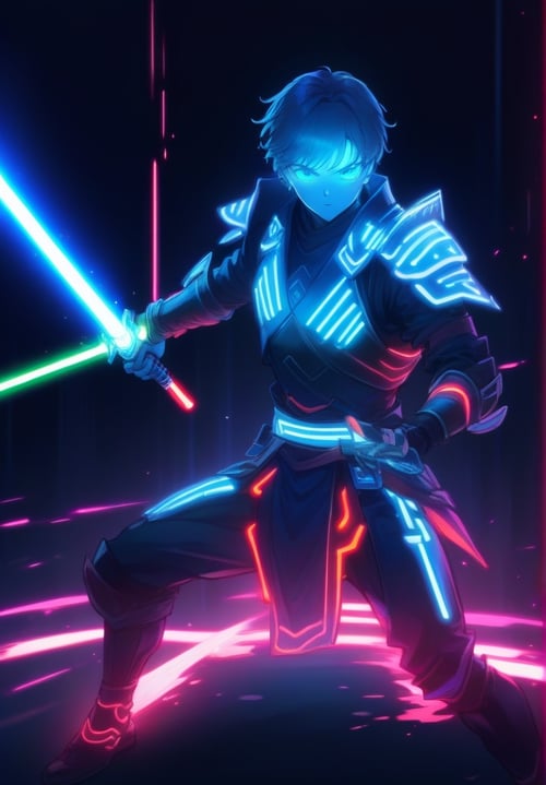Anime cyberpunk yellow purple neon male with flaming sword