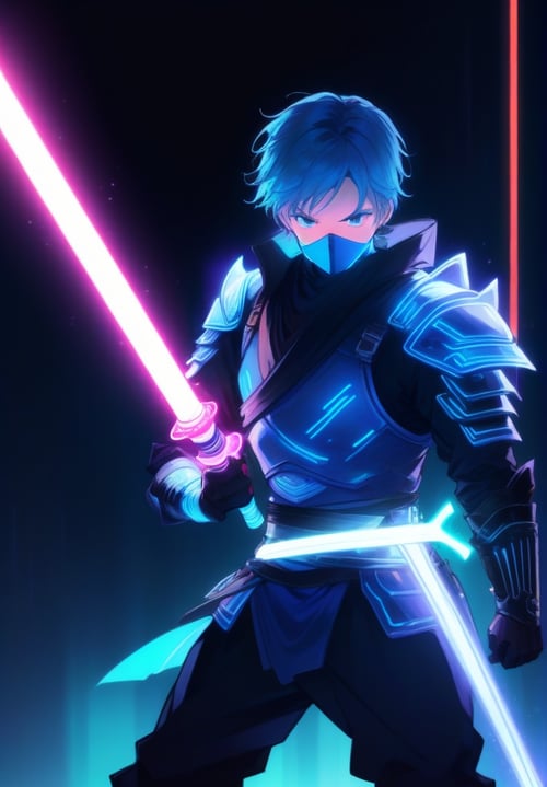 Anime cyberpunk yellow purple neon male with flaming sword