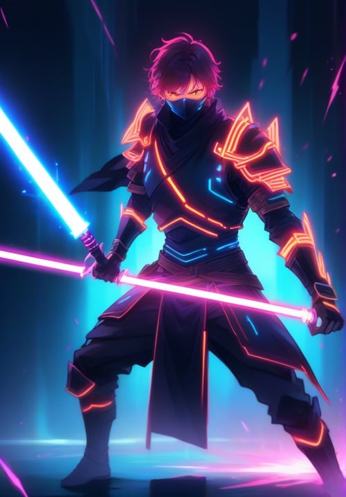 Anime cyberpunk yellow purple neon male with flaming sword