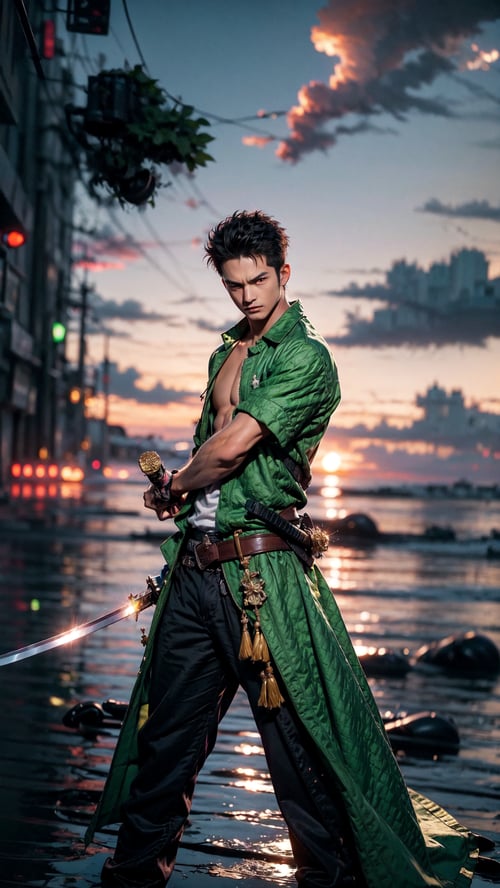 Zoro roronoa in a cyberpunk setting