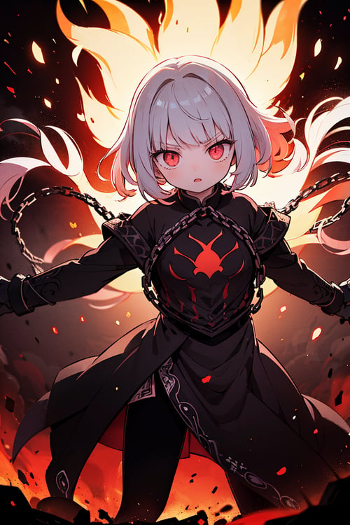 Dark anime character with glowing blue eyes surrounded by red flames