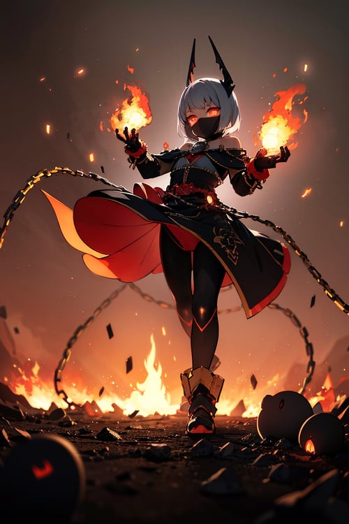 Dark anime character with glowing eyes in fiery surroundings