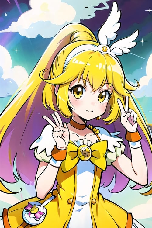 Character design of a lime green precure with yellow-orange eyes