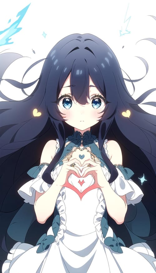 Cute anime girl with long messy black hair and blue-purple eyes on