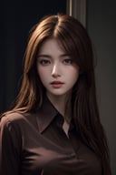 photorealistic, masterpiece, best quality, raw photo, 1girl, medium breasts, long hair, brown hair, collared shirt, looking at viewer, dynamic lighting, in the dark, deep shadow, low key, intricate detail, detailed skin, pore, highres, hdr