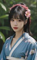 <lora:FilmVelvia3:0.6>, 1girl, solo, outdoor, cute japanese model girl, kimono, floral print, hair ornament, looking at viewer, hair flower, brown eyes, bangs, masterpiece, best quality, realistic