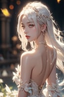 A Ultra realistic, a stunningly girl in white dress, ornaments, flirting, filigree, colorful, sparkels, highlights, digital art, masterwork, white hair, garden, amber eyes, dark theme, soothing tones, muted colors, high contrast, (natural skin texture, hyperrealism, soft light, sharp)