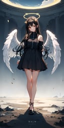 (****), 1girl, black hair, angel of death, innocent, brown eyes, diadem, angel wings, black clothes, full body, arms behind back, sky, halo, post-apocalypse,