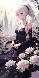 1girl, ponytail ,white hair, purple eyes, (dress:1.3), medium breasts, collarbone, flowers and petals, (illustration:1.1), (perfect details:1.1), landscape, background, rose, abstract,